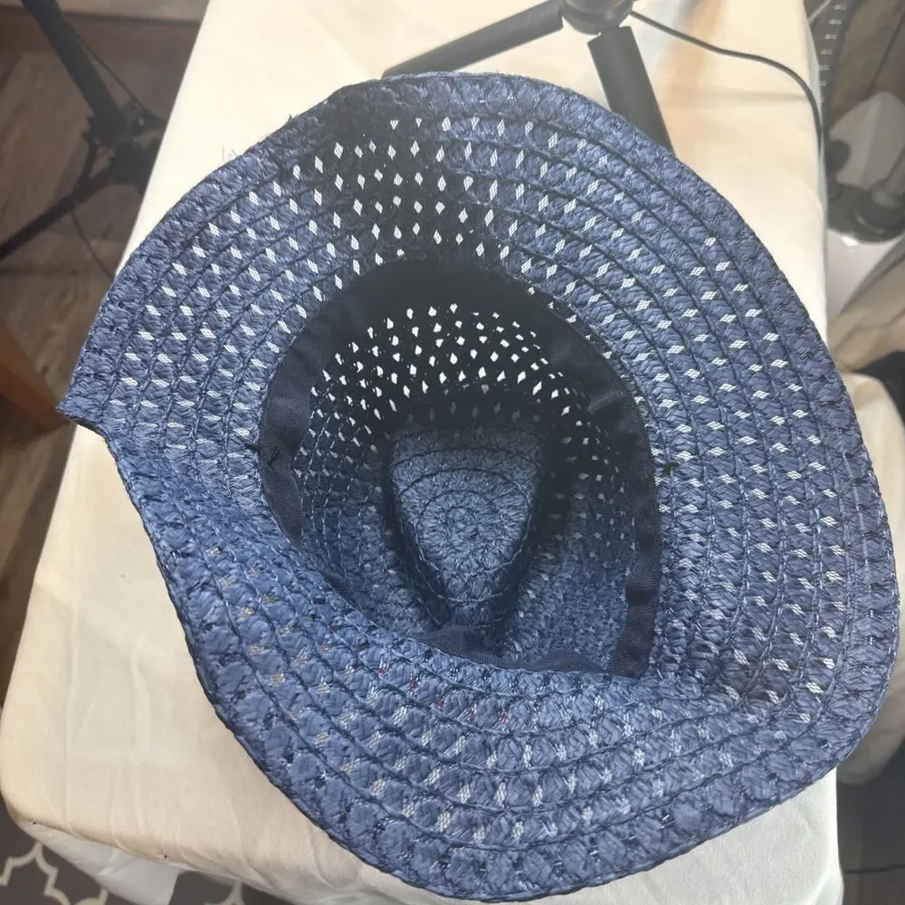 SHEIN Navy Blue Straw Hat Red White And Blue Bead Accents USA NWOT - Picture 8 of 12